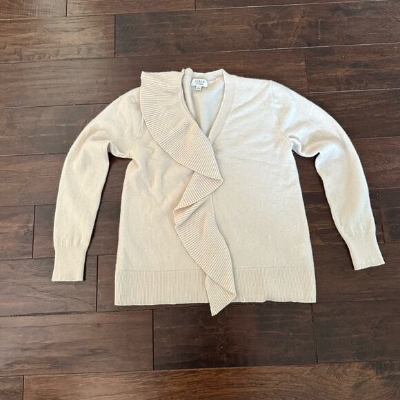 J Crew 100% Cashmere Knit Sweater Ivory Ruffle V Neck Long Sleeve Small * flaw - Picture 14 of 15